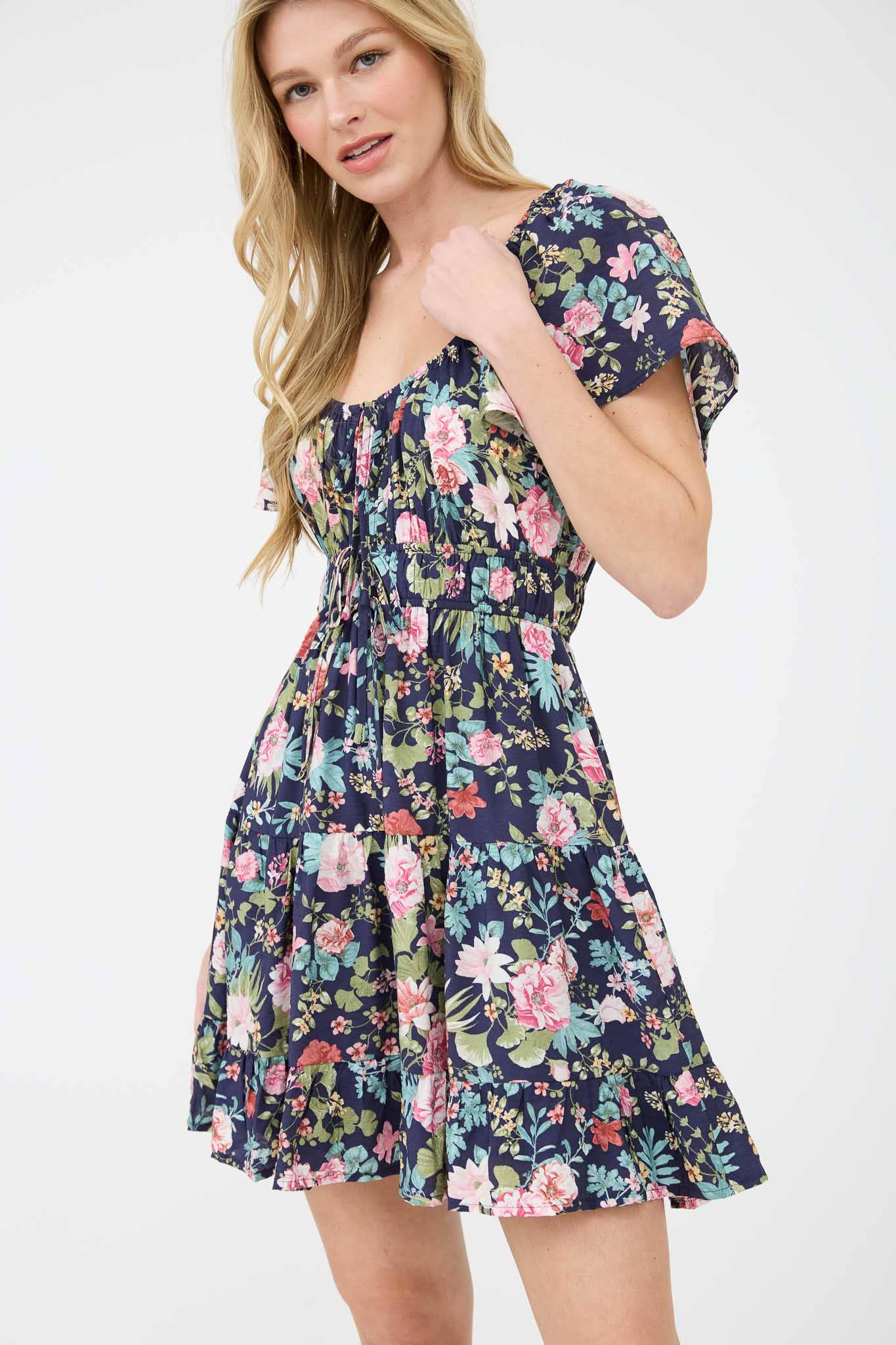 BP FLORAL FRONT TIE SCOOP NECK TIERED MINI DRESS