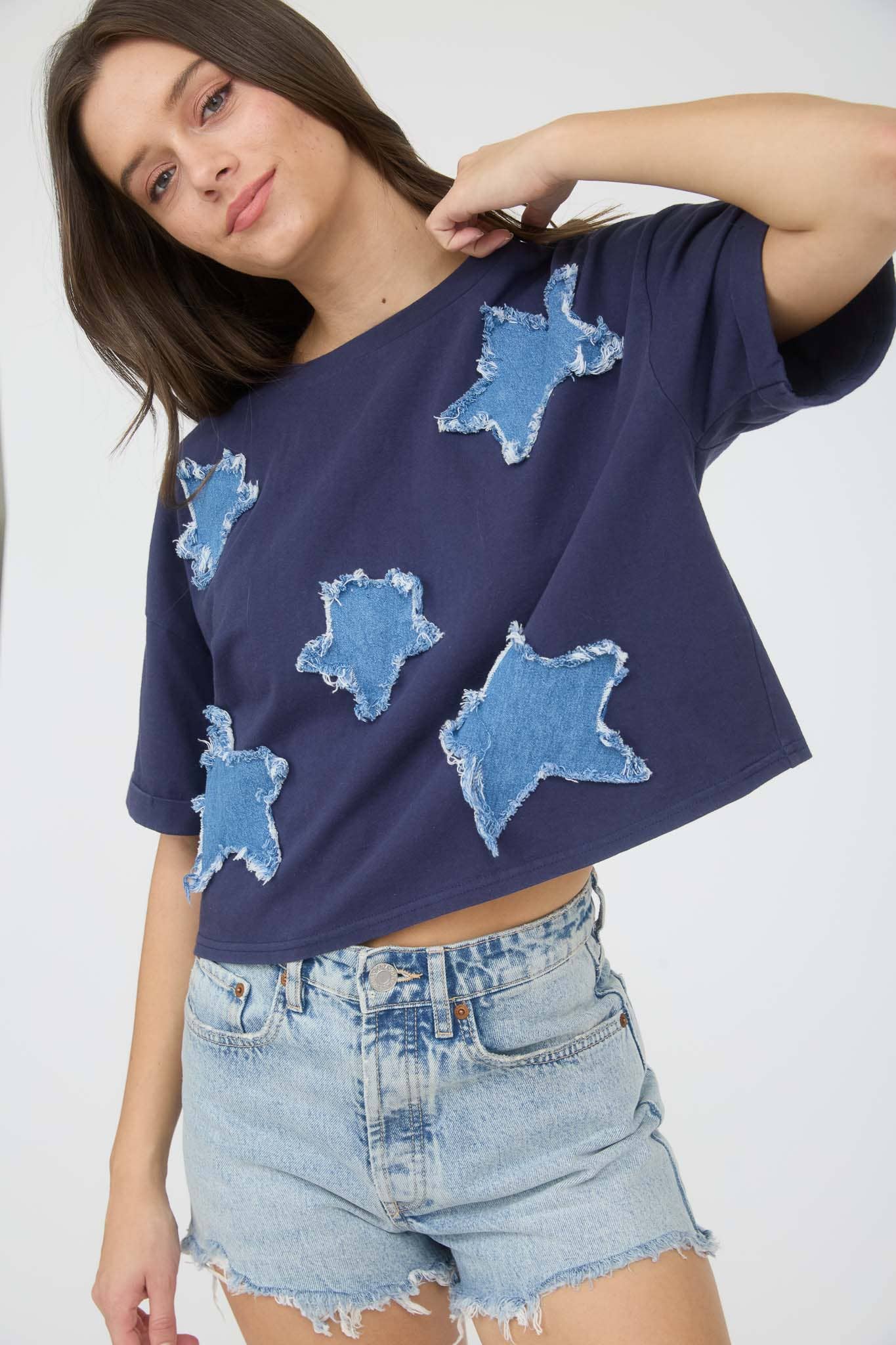 BP DENIM STAR PATCH SHORT SLEEVE KNIT T-SHIRT