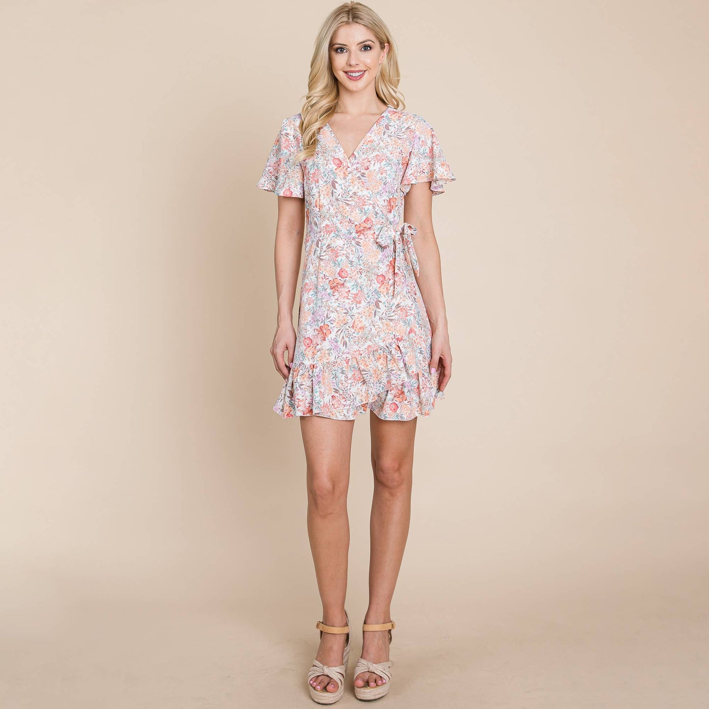 Asymmetrical Hem Floral Ruffled Wrap Dress
