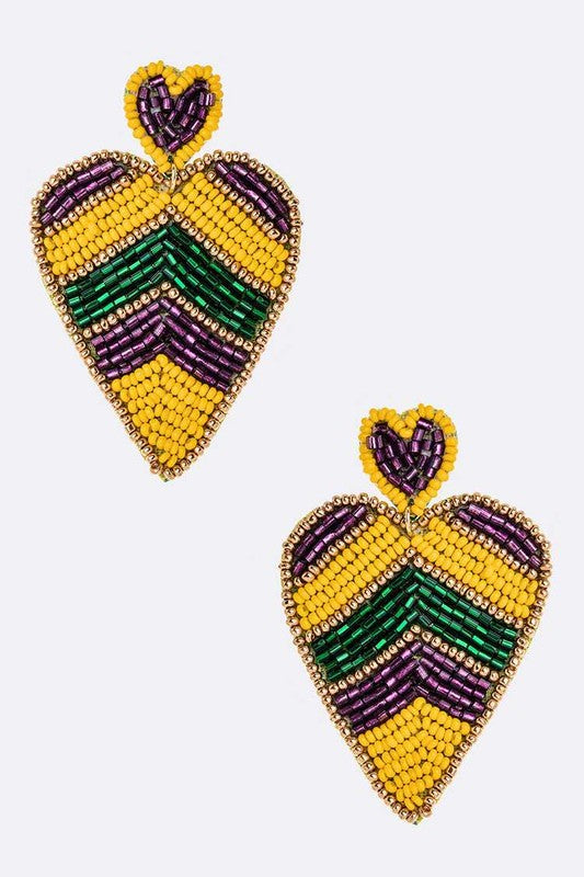 Mardi Gras Color Beaded Heart Drop Earrings