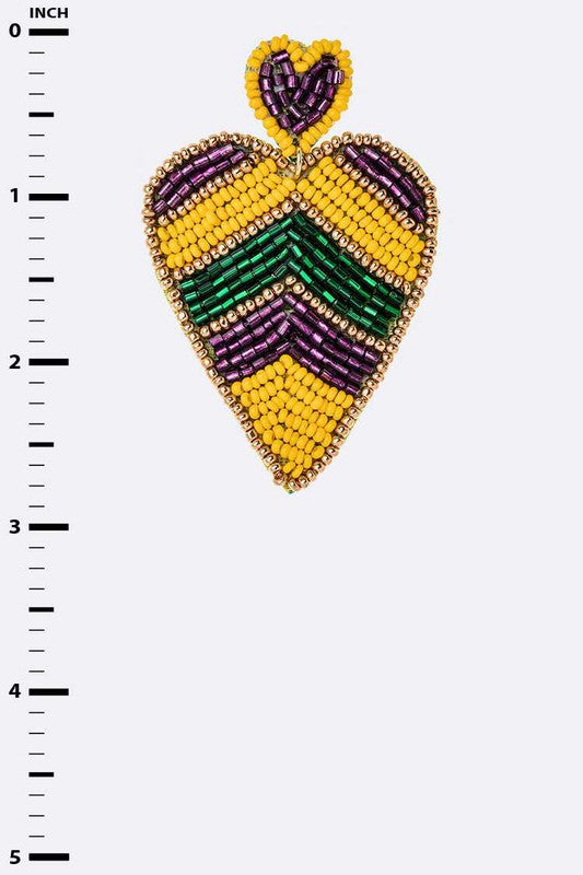 Mardi Gras Color Beaded Heart Drop Earrings