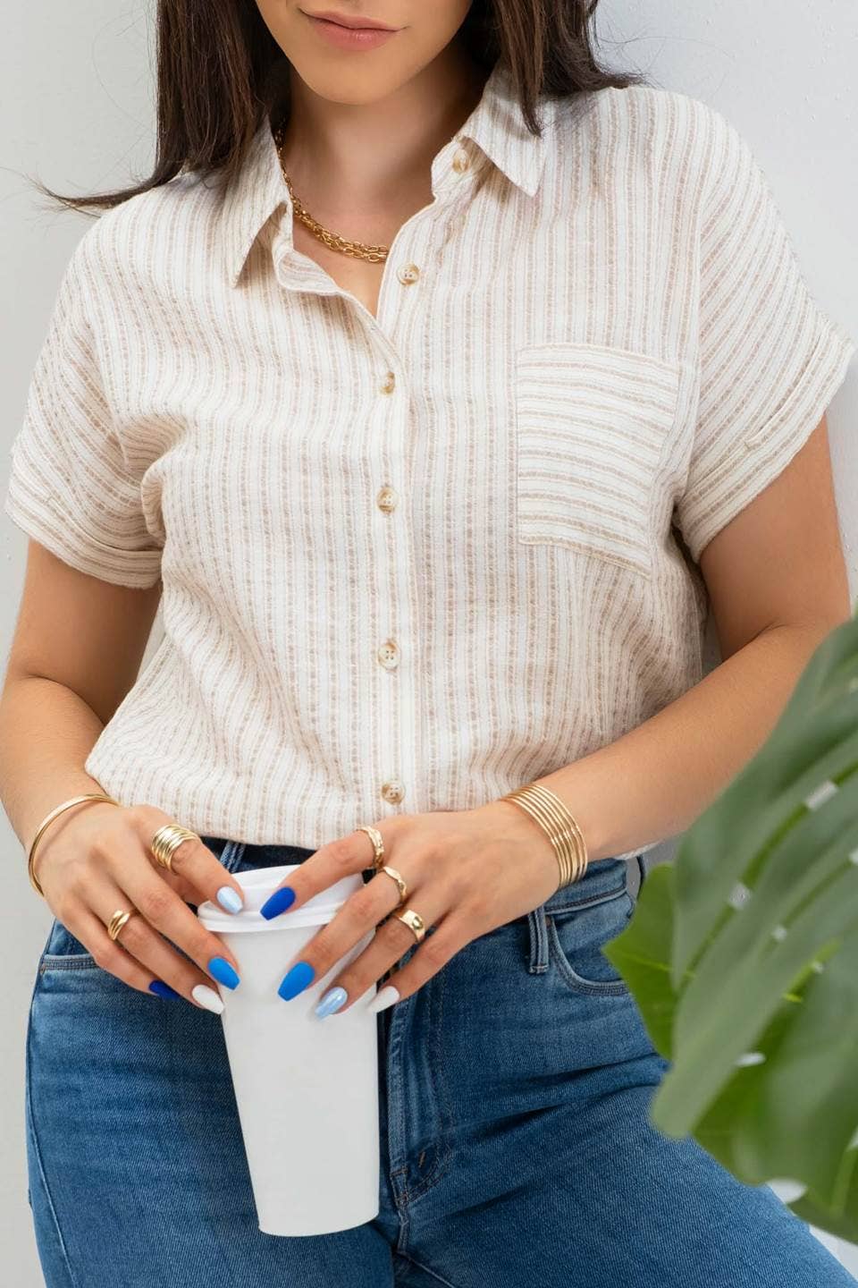 BP STRIPE COLLARED SHORT SLEEVE LINEN SHIRT