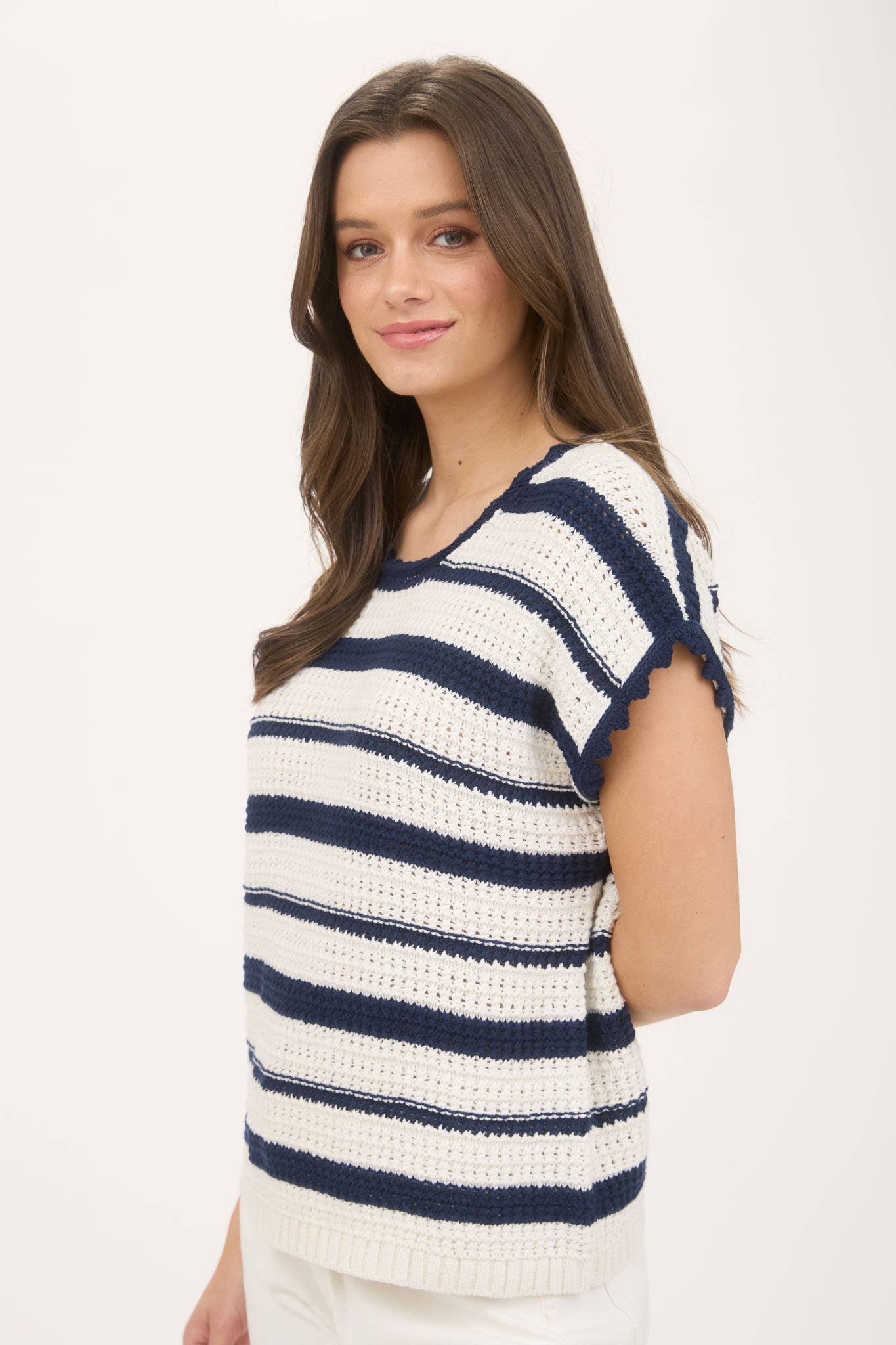 Blu Pepper STRIPE SHORT SLEEVE CROCHET SWEATER