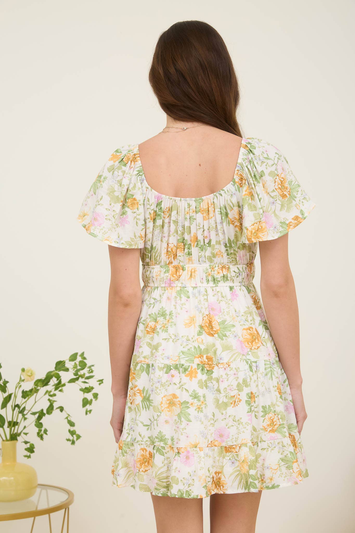 BP FLORAL FRONT TIE SCOOP NECK TIERED MINI DRESS