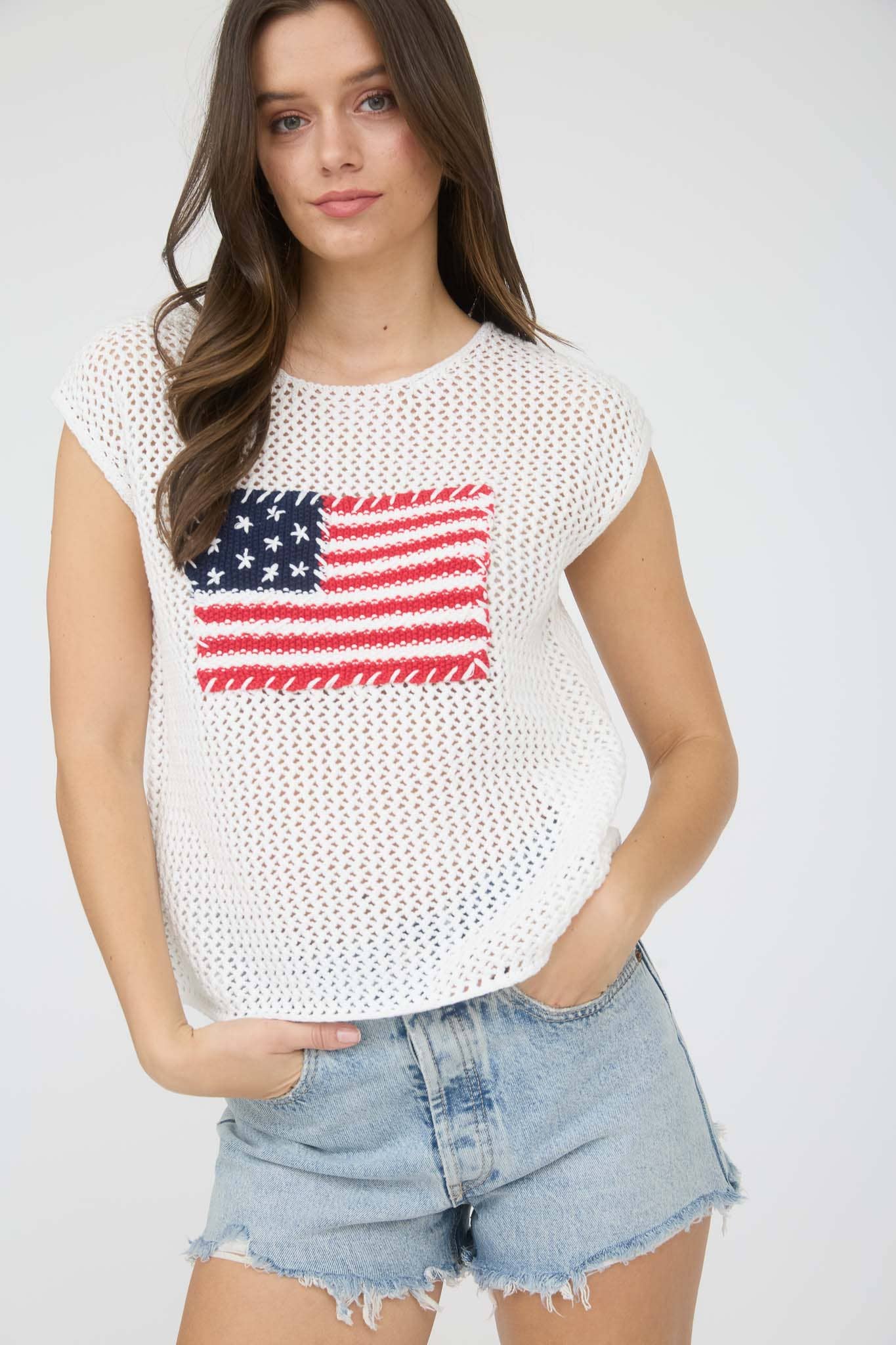 Blu Pepper AMERICAN FLAG CROCHET KNIT TOP