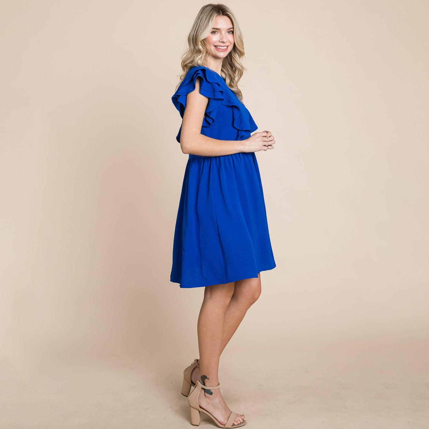 Flutter Sleeve Front Lace Ruched Sundress