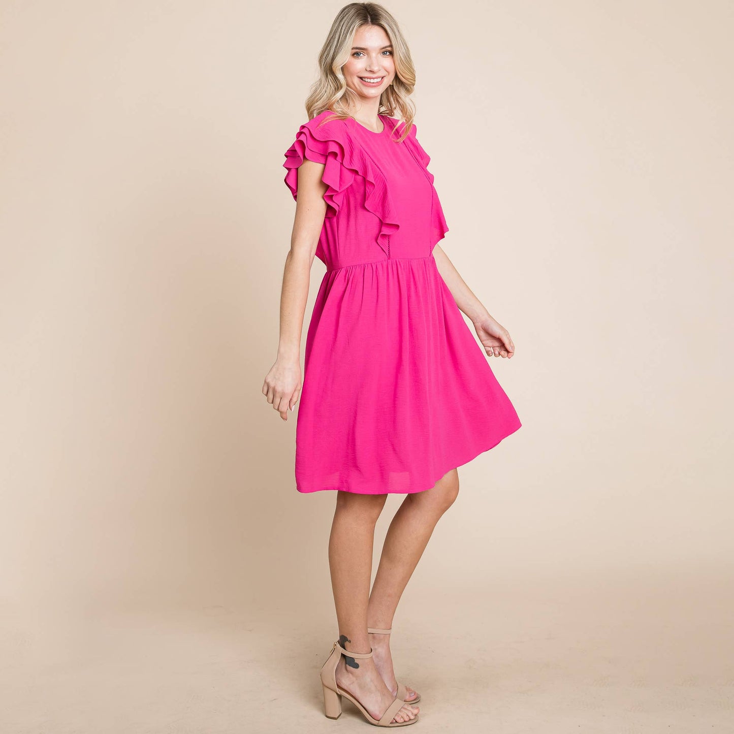 Flutter Sleeve Front Lace Ruched Sundress
