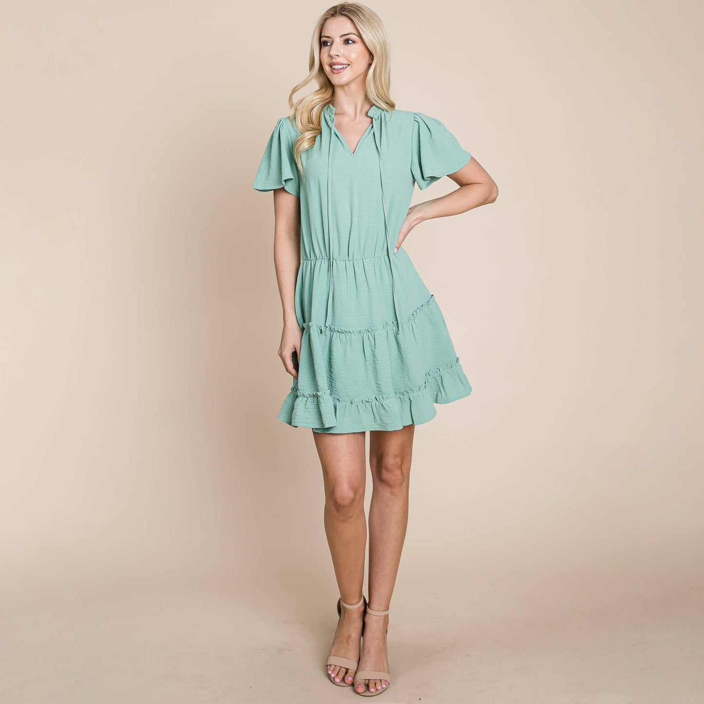 Tiered Flowy Tie V neck Flutter Sleeve Tunic Dress