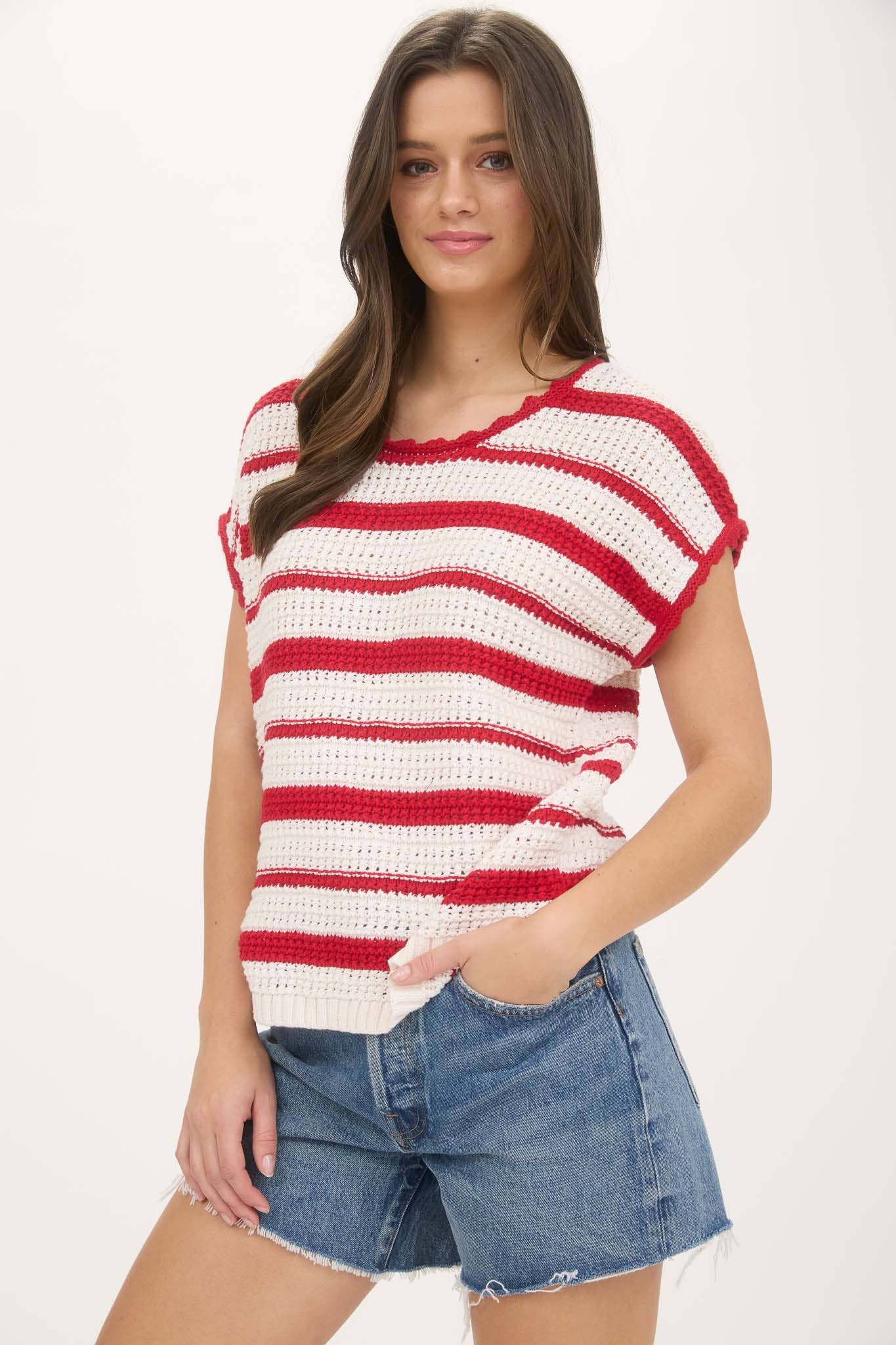 Blu Pepper STRIPE SHORT SLEEVE CROCHET SWEATER