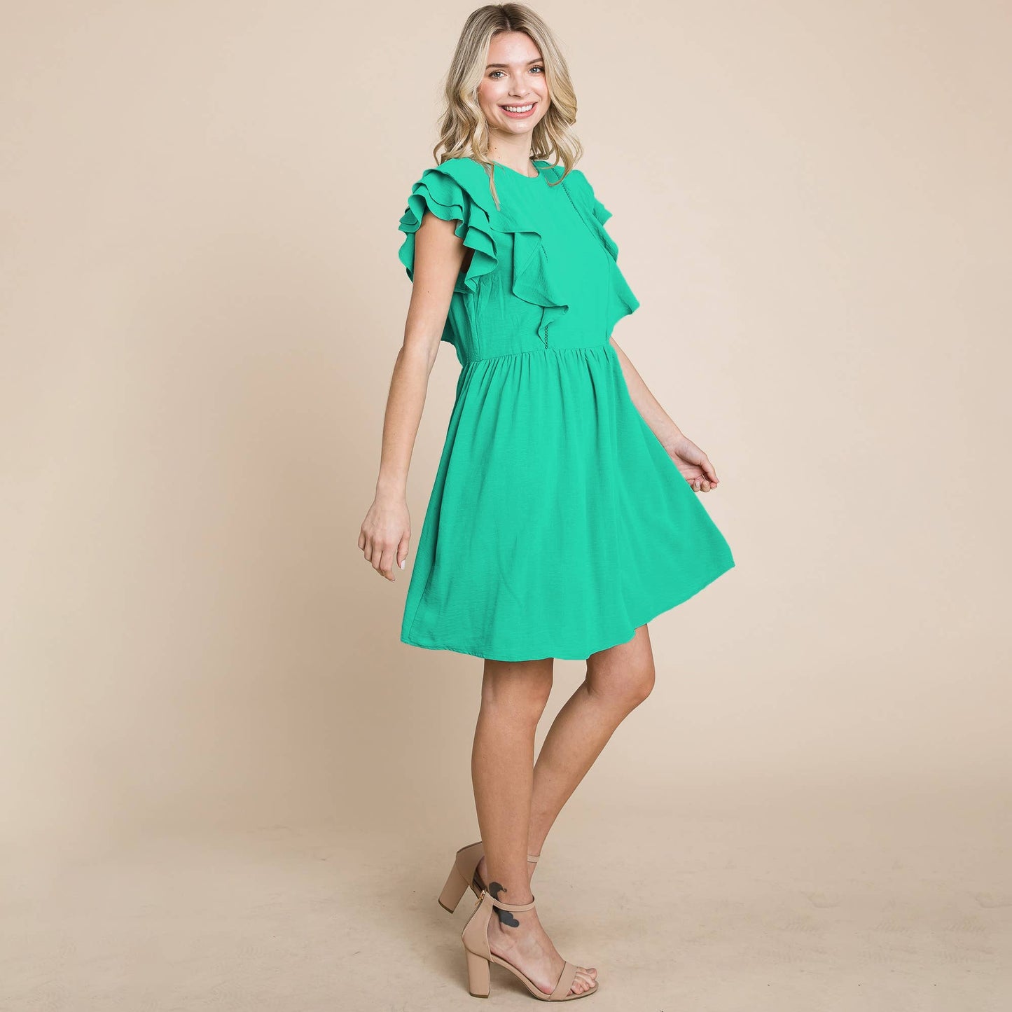Flutter Sleeve Front Lace Ruched Sundress