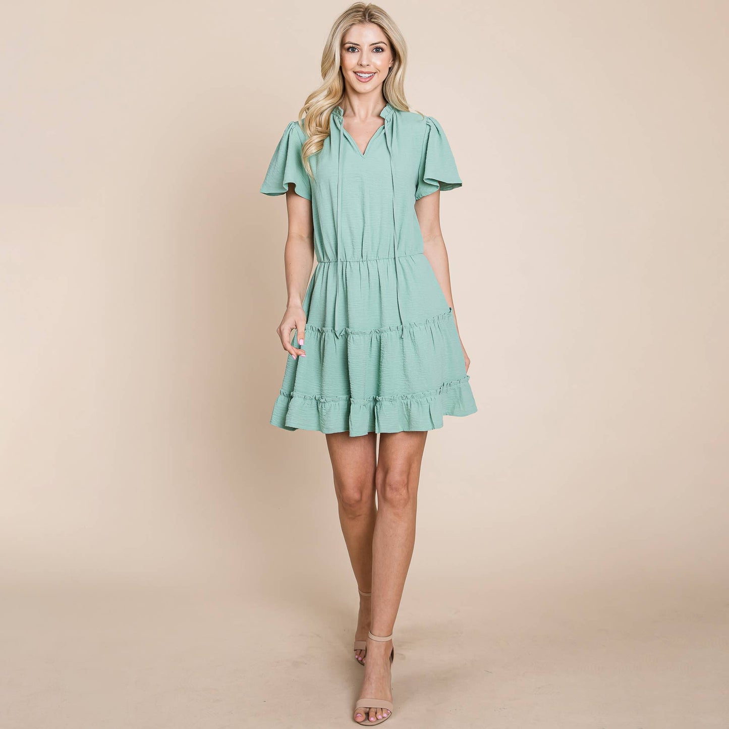 Tiered Flowy Tie V neck Flutter Sleeve Tunic Dress