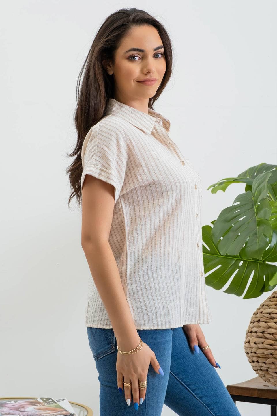 BP STRIPE COLLARED SHORT SLEEVE LINEN SHIRT