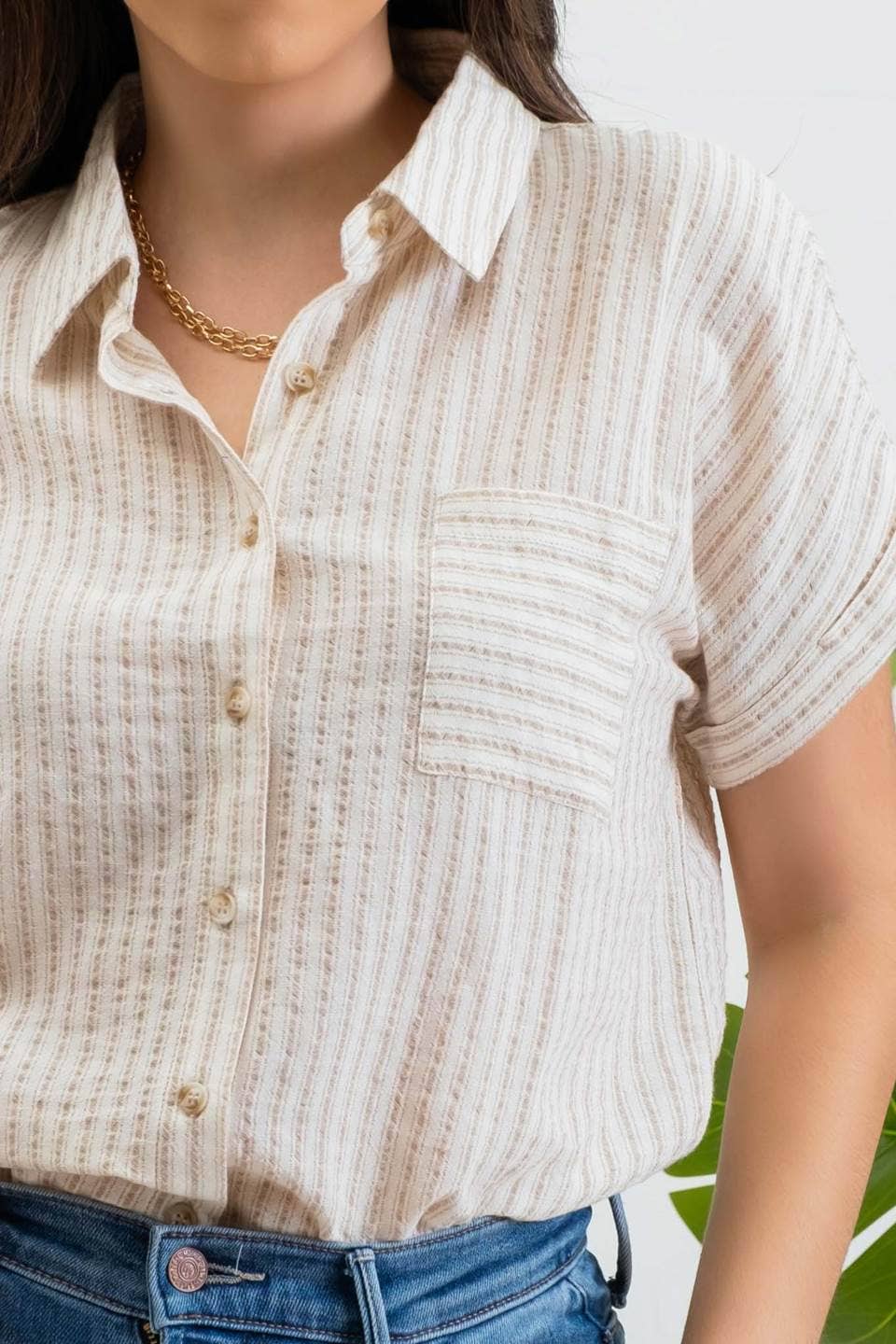 BP STRIPE COLLARED SHORT SLEEVE LINEN SHIRT