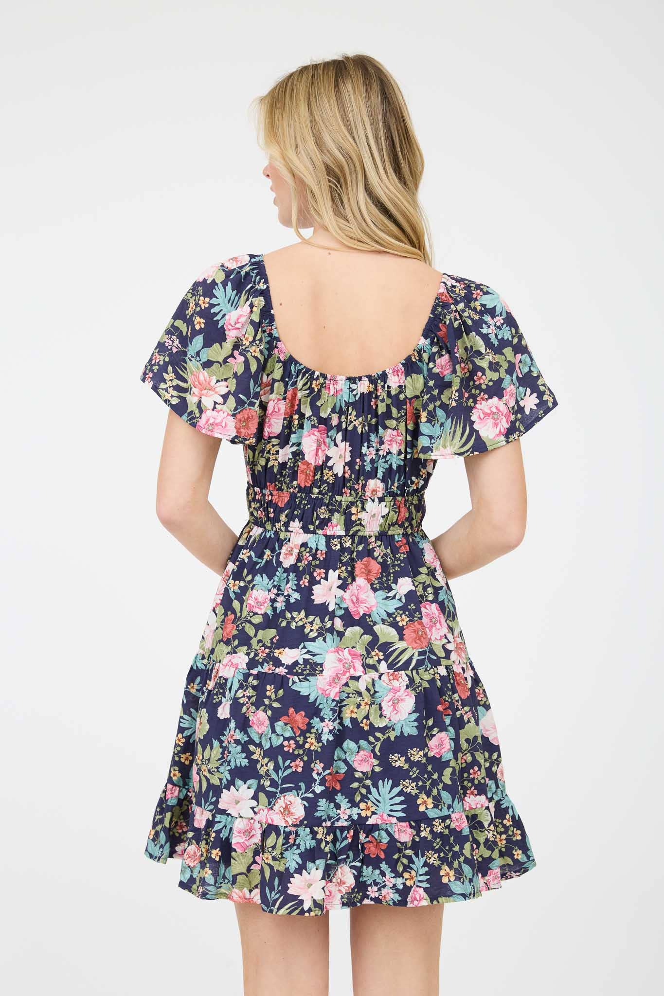 BP FLORAL FRONT TIE SCOOP NECK TIERED MINI DRESS