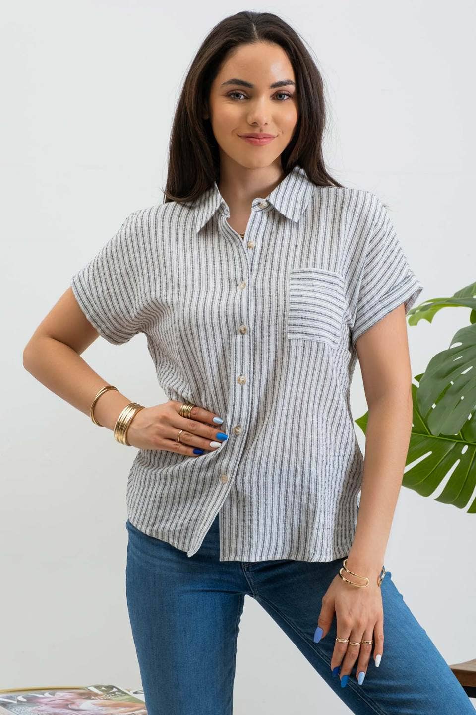 BP STRIPE COLLARED SHORT SLEEVE LINEN SHIRT