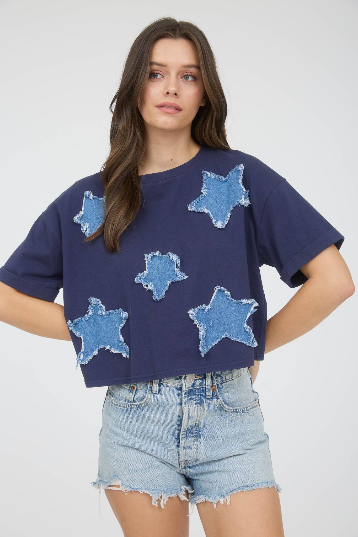 BP DENIM STAR PATCH SHORT SLEEVE KNIT T-SHIRT