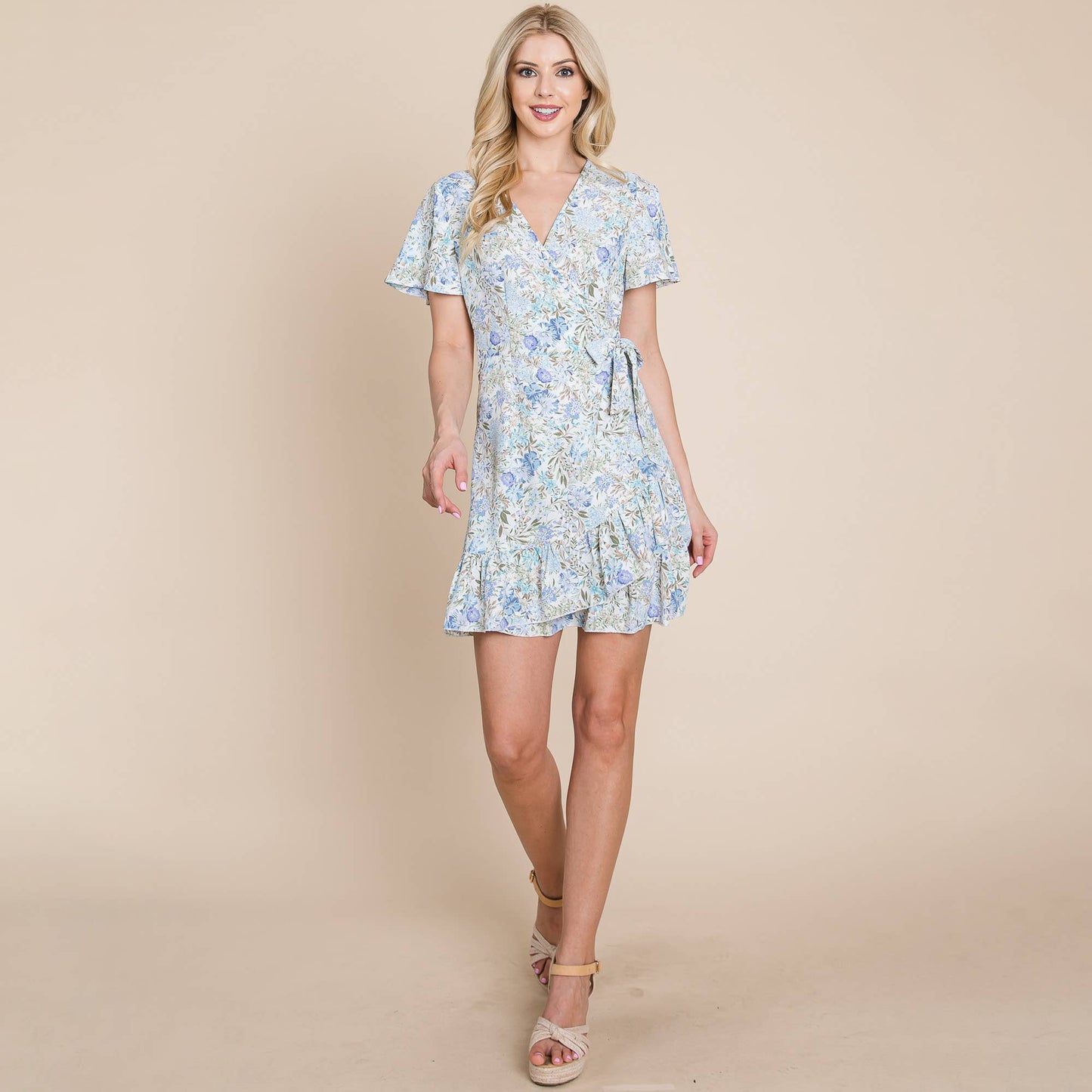 Asymmetrical Hem Floral Ruffled Wrap Dress