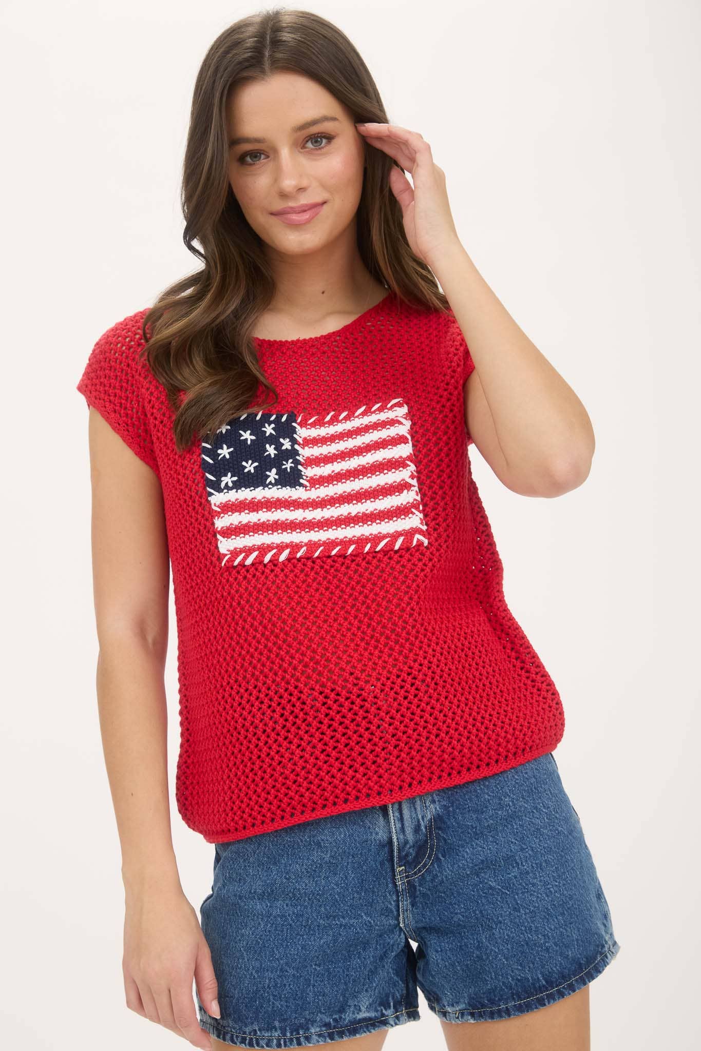 Blu Pepper AMERICAN FLAG CROCHET KNIT TOP