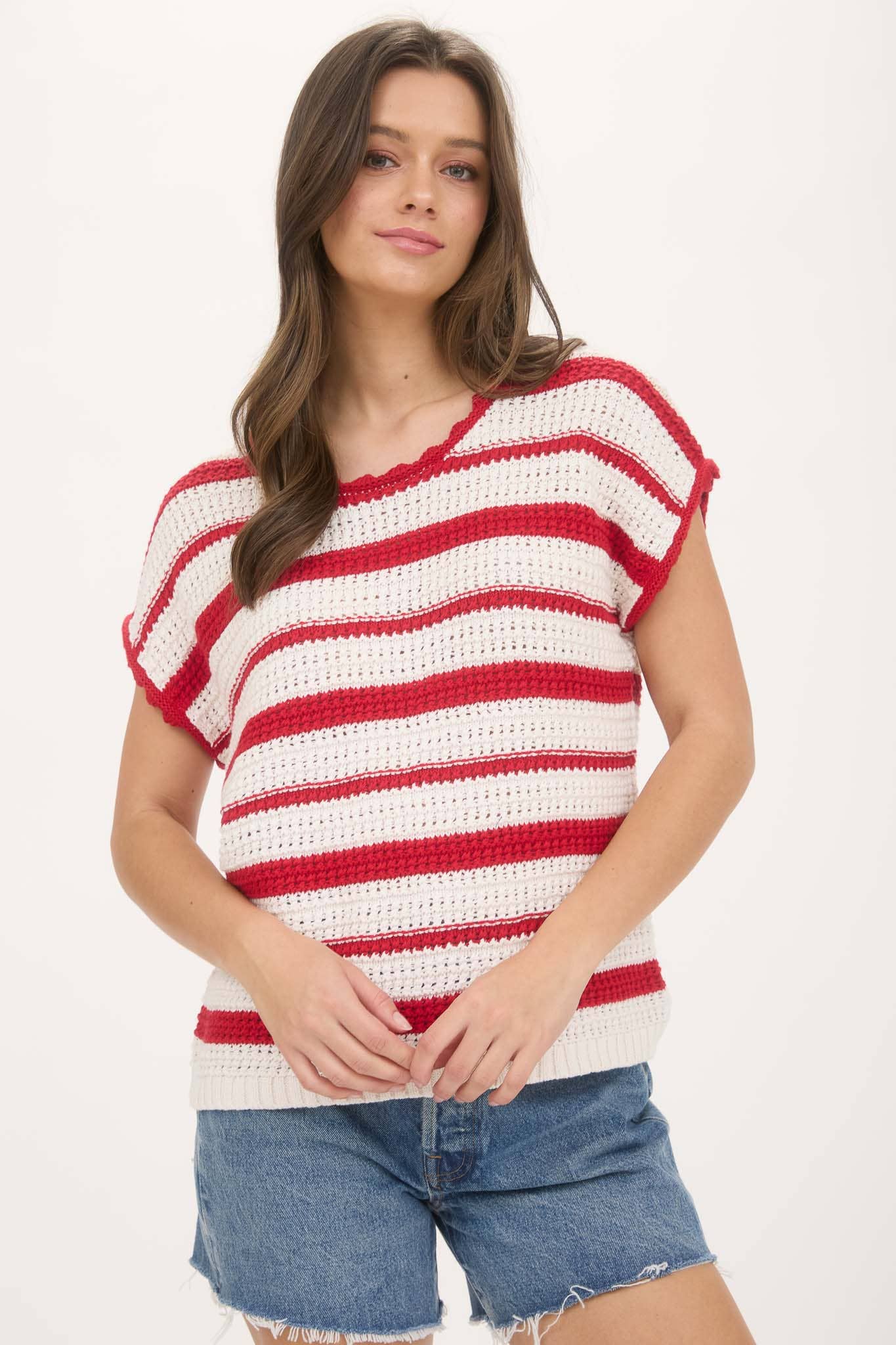 Blu Pepper STRIPE SHORT SLEEVE CROCHET SWEATER
