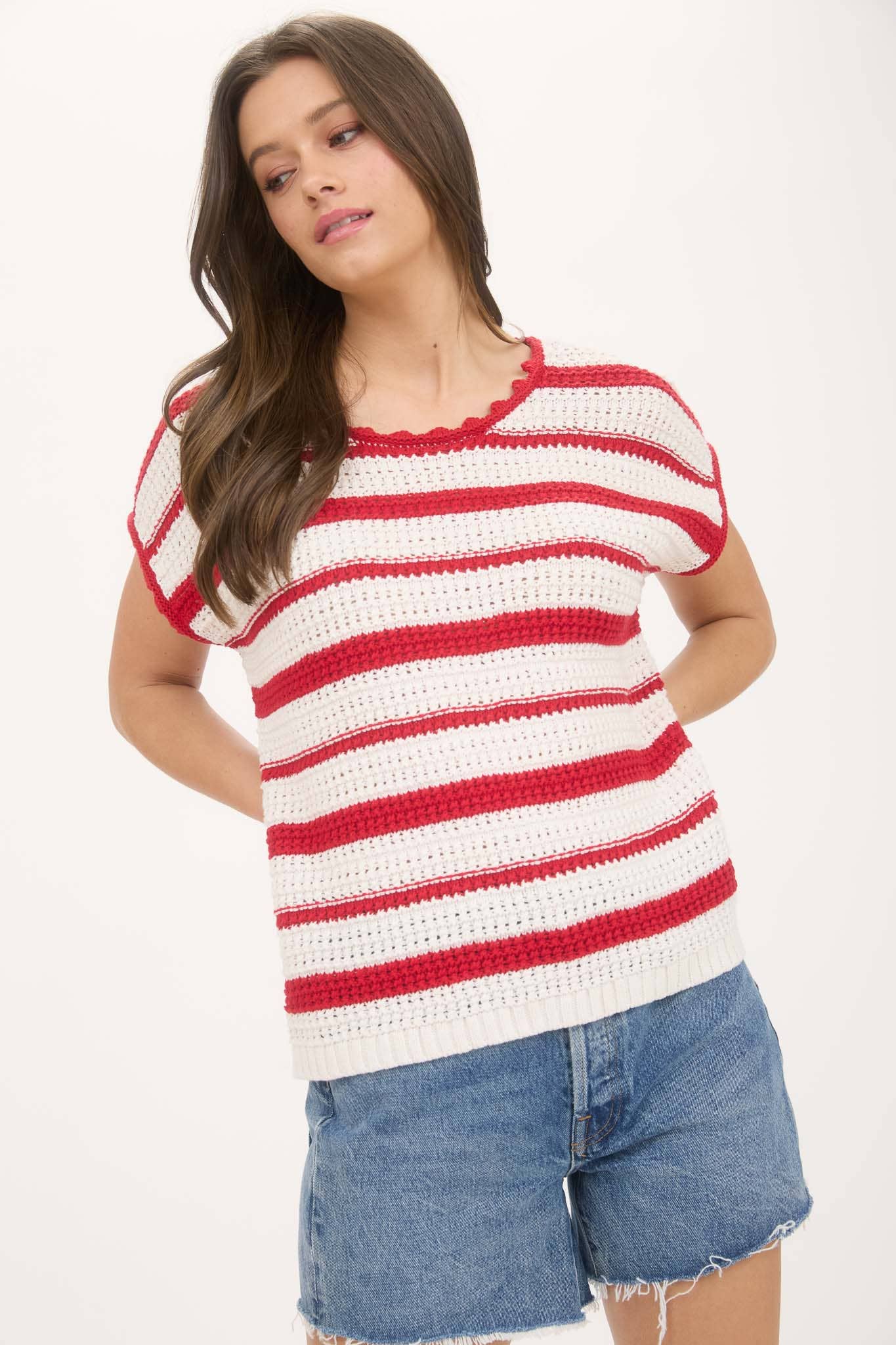 Blu Pepper STRIPE SHORT SLEEVE CROCHET SWEATER