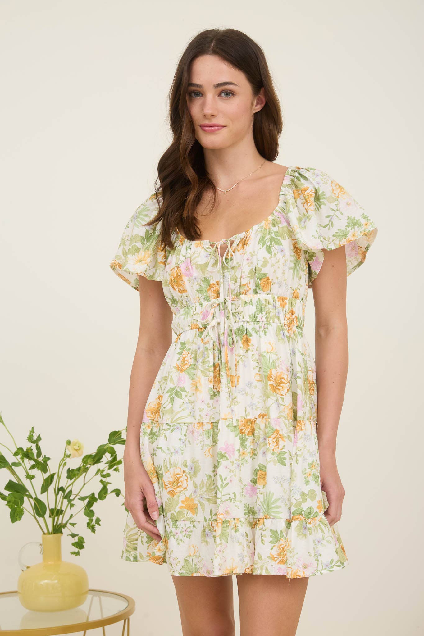 BP FLORAL FRONT TIE SCOOP NECK TIERED MINI DRESS