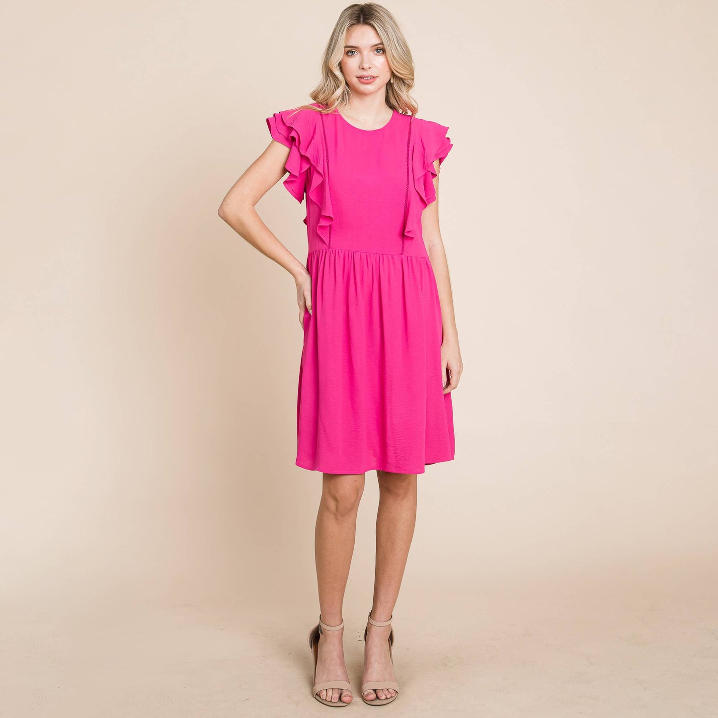 Flutter Sleeve Front Lace Ruched Sundress