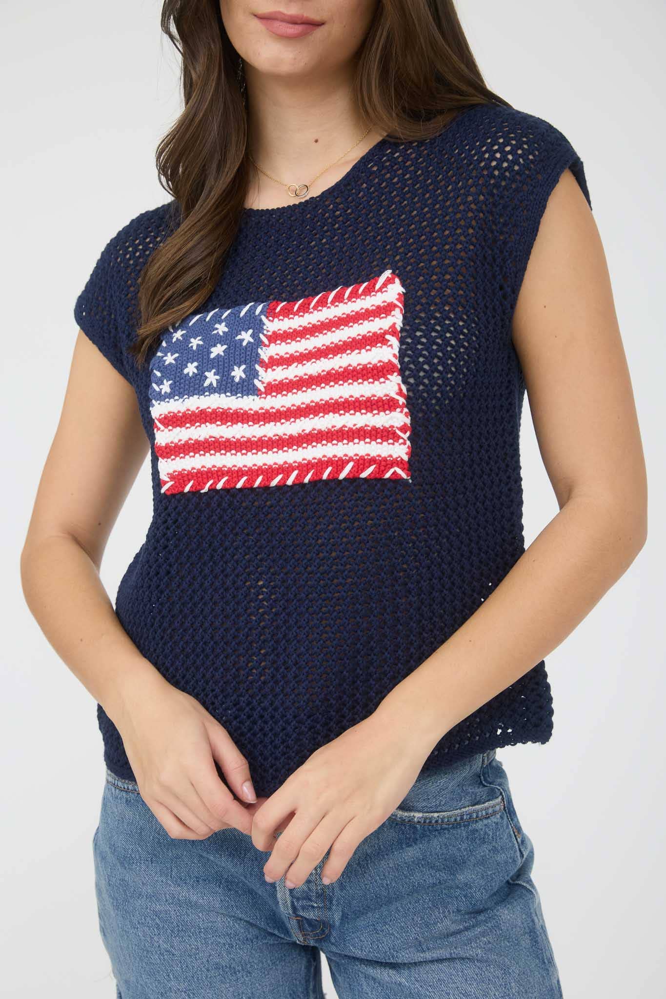 Blu Pepper AMERICAN FLAG CROCHET KNIT TOP