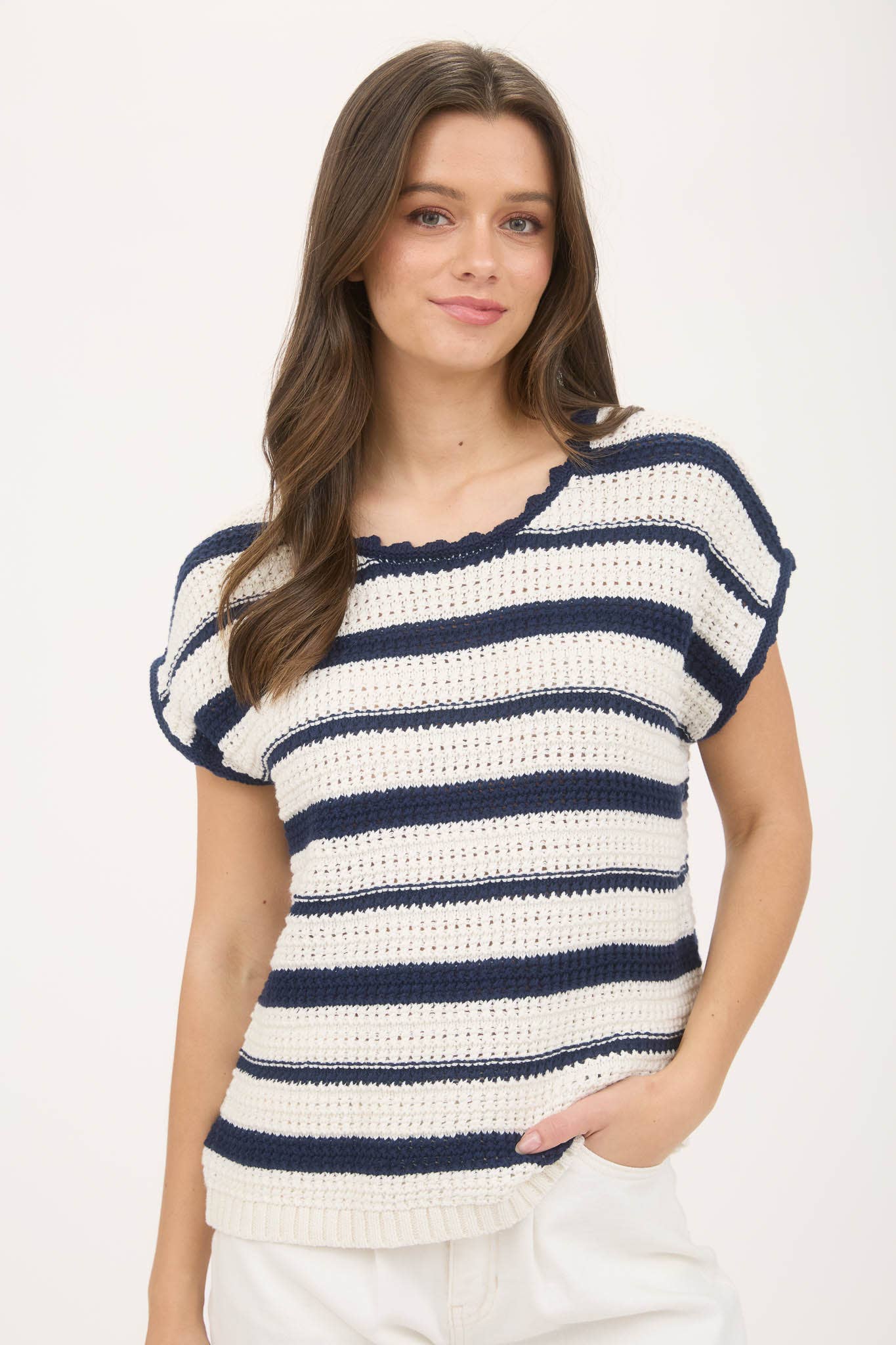 Blu Pepper STRIPE SHORT SLEEVE CROCHET SWEATER