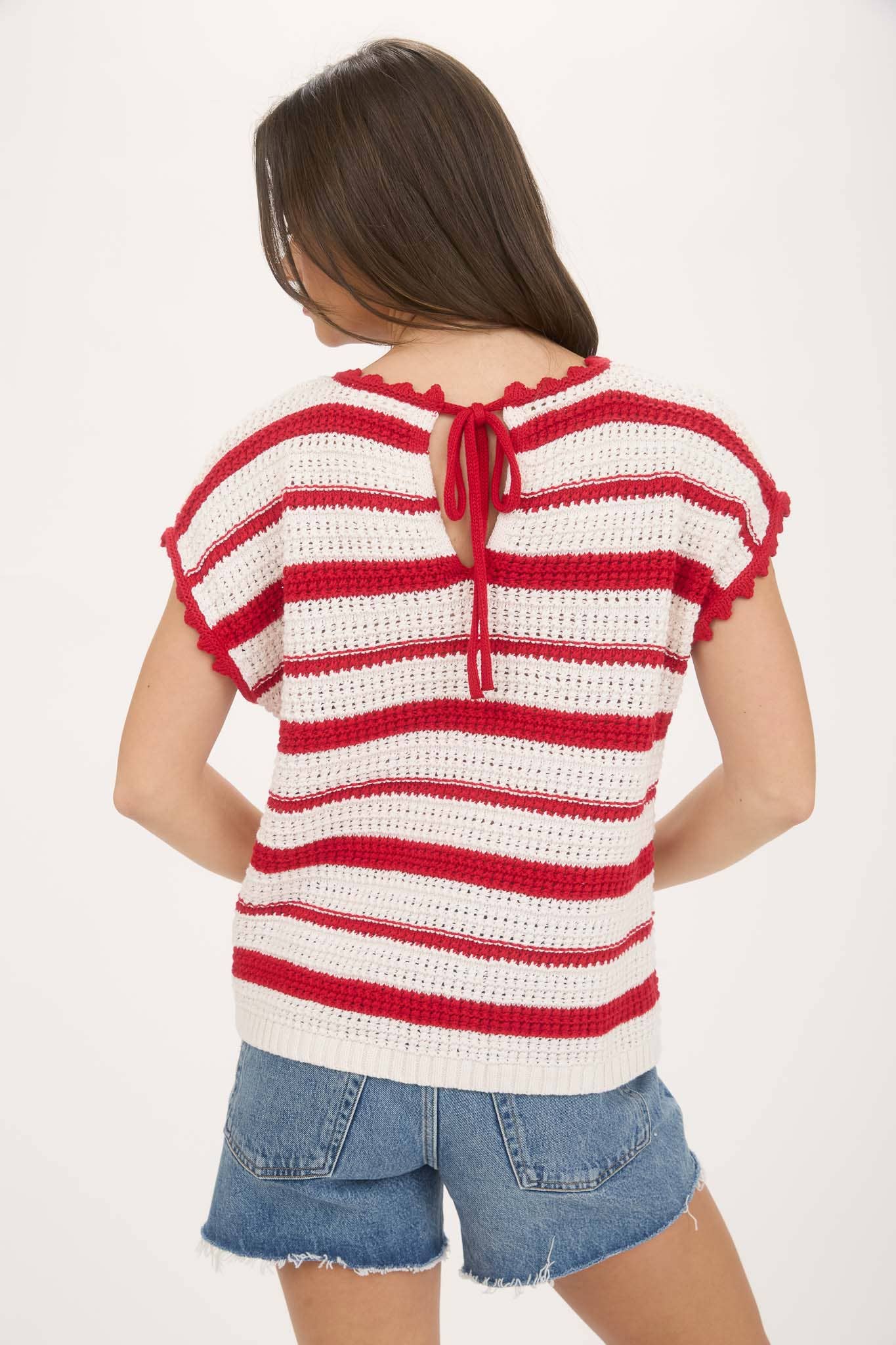 Blu Pepper STRIPE SHORT SLEEVE CROCHET SWEATER