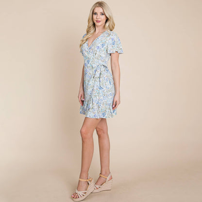 Asymmetrical Hem Floral Ruffled  Wrap Dress