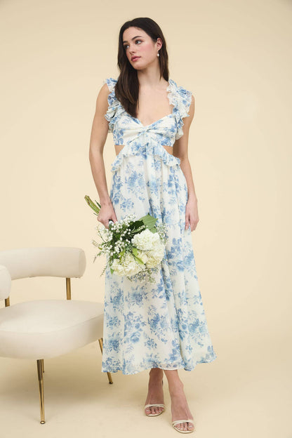 BP FLORAL PATTERN RUFFLE DETAIL CUTOUT MIDI DRESS