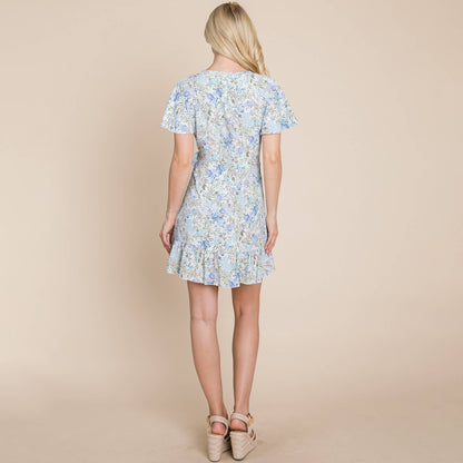 Asymmetrical Hem Floral Ruffled  Wrap Dress