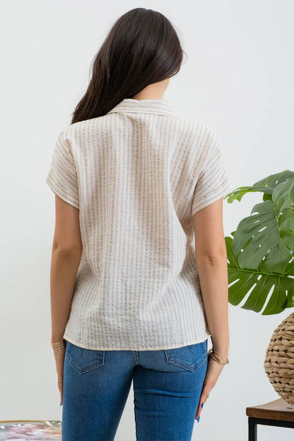 BP STRIPE COLLARED SHORT SLEEVE LINEN SHIRT