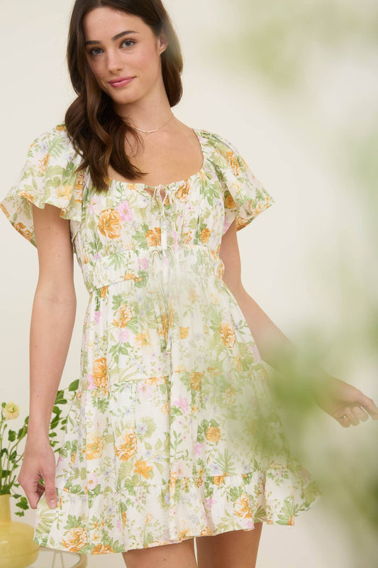 BP FLORAL FRONT TIE SCOOP NECK TIERED MINI DRESS