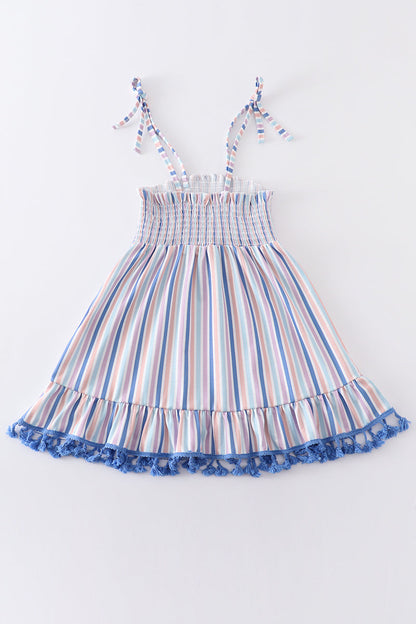 Blue stripe smocked strap dress