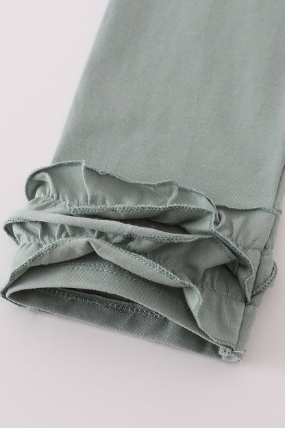 Sage stripe french knot ruffle pants set