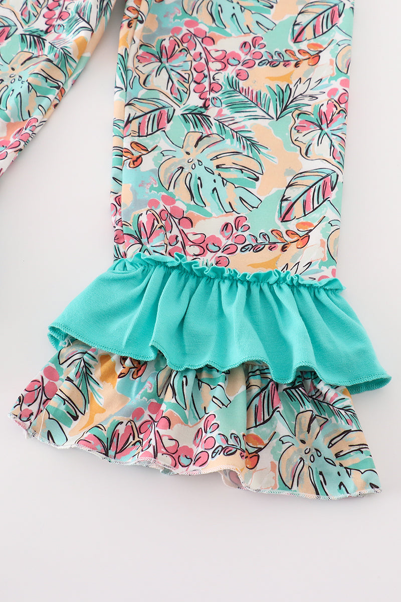 Teal floral print forest animal embroidery girl set