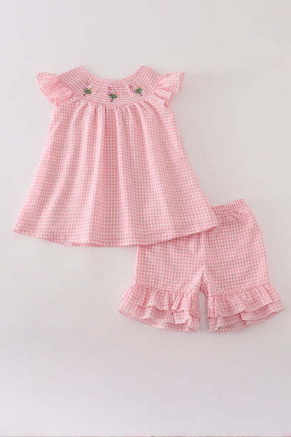 Pink floral smocked shorts set