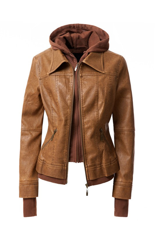 Women's Hood PU Leather Jacket