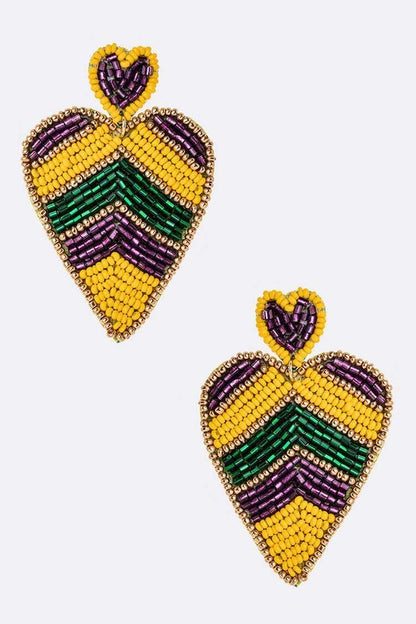 Mardi Gras Color Beaded Heart Drop Earrings
