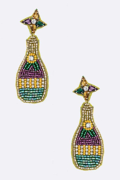 Mardi Gras Champagne Bottle Beaded Earrings