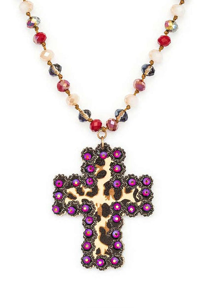 Leopard Printed Cross Pendant Beaded Long Necklace