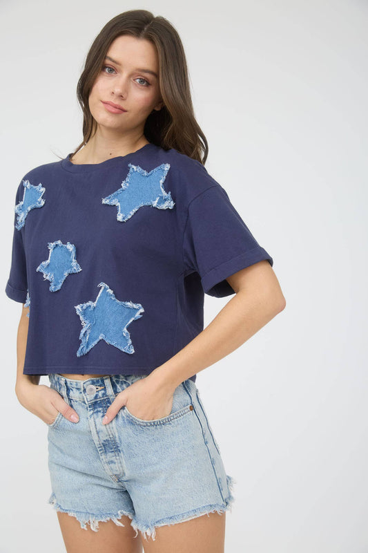 BP DENIM STAR PATCH SHORT SLEEVE KNIT T-SHIRT