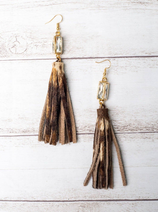 LET'S GO SQUARE DANCIN' CRYSTAL STUD WITH BROWN COWHIDE TASSEL DANGLE EARRINGS