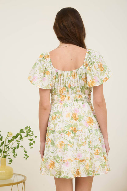 BP FLORAL FRONT TIE SCOOP NECK TIERED MINI DRESS