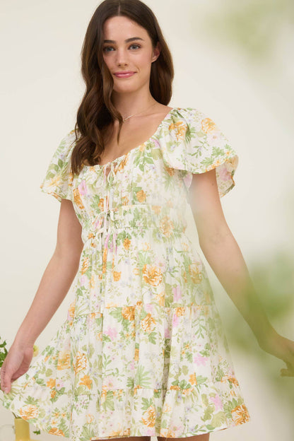 BP FLORAL FRONT TIE SCOOP NECK TIERED MINI DRESS