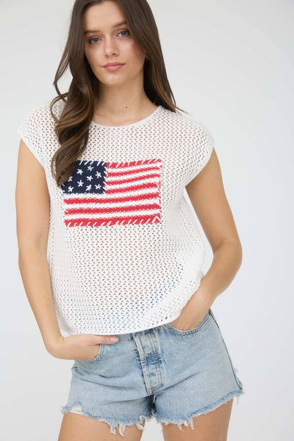 Blu Pepper AMERICAN FLAG CROCHET KNIT TOP