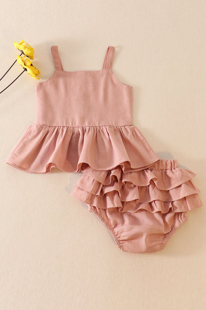 Pink linen ruffle 2pc baby set