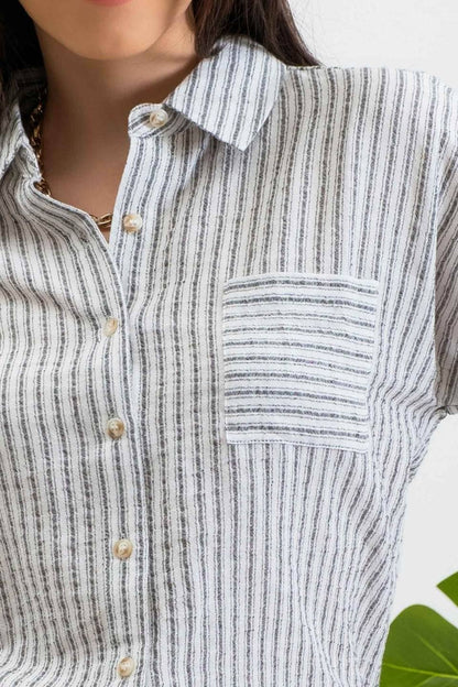 BP STRIPE COLLARED SHORT SLEEVE LINEN SHIRT