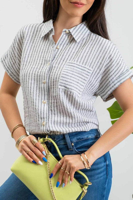 BP STRIPE COLLARED SHORT SLEEVE LINEN SHIRT